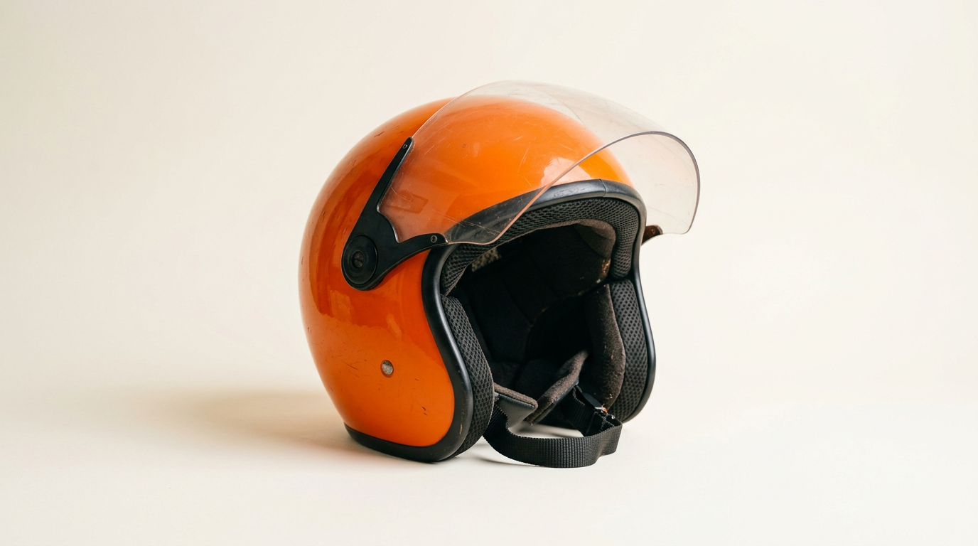 Orange open-face helmet worn by boda boda riders in Uganda